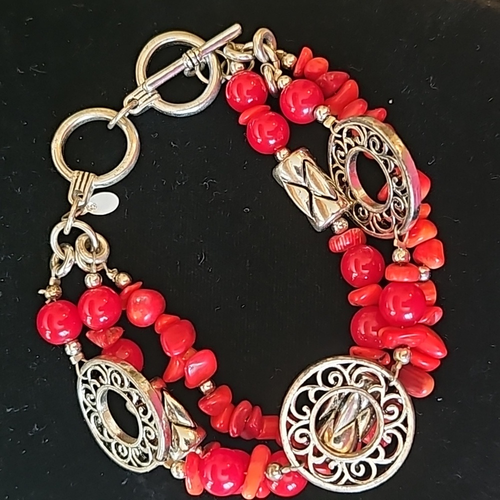 Premier Coral and red bead 3 layer bracelet
